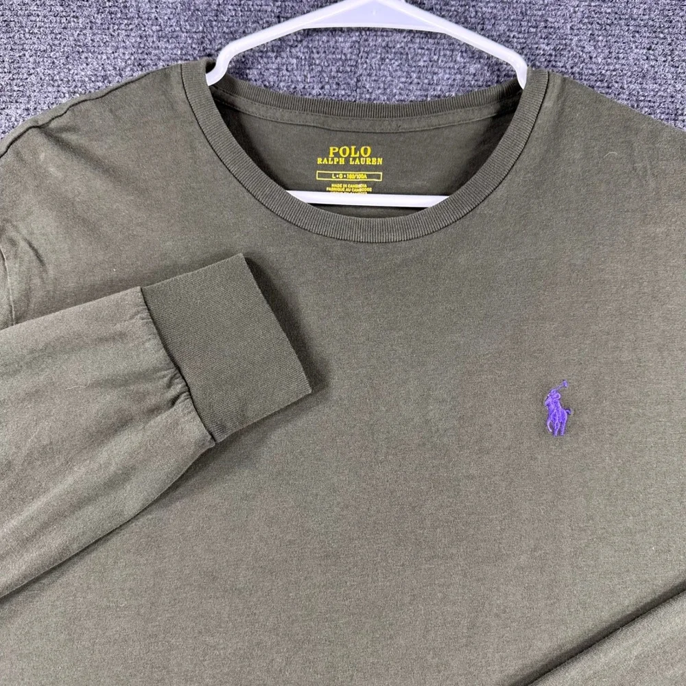 Polo Ralph Lauren Long Sleeve T-Shirt Mens L Large Olive Green Purple Pony Logo